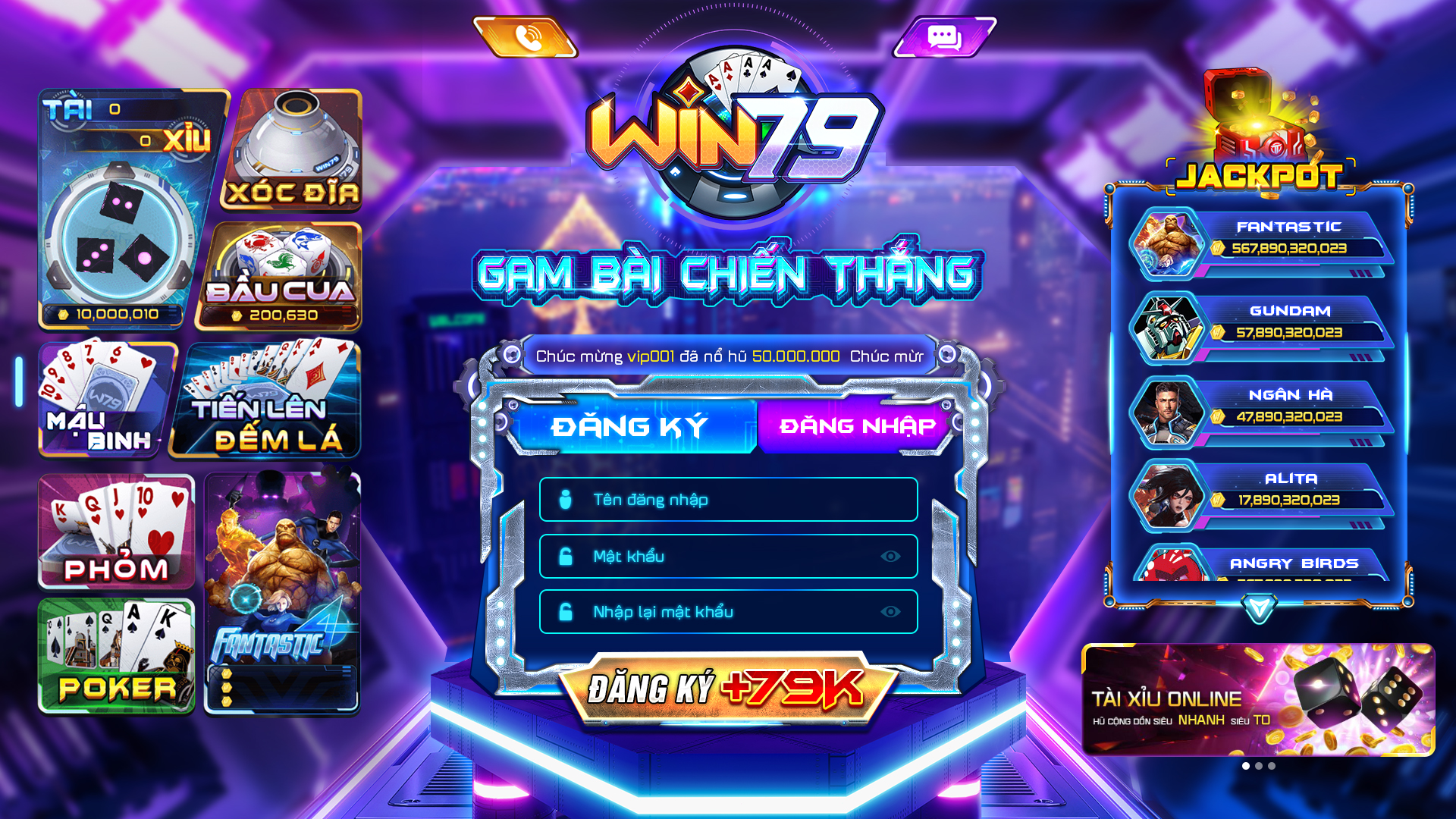 Đăng ký tài khoản game bai doi thuong Win79